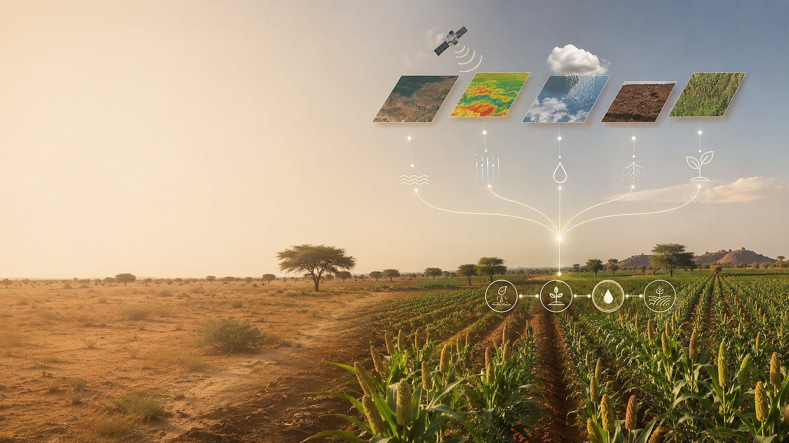 Équipe Yaleh aux côtés de producteurs dans un champ sahélien, observant ensemble les conditions agronomiques