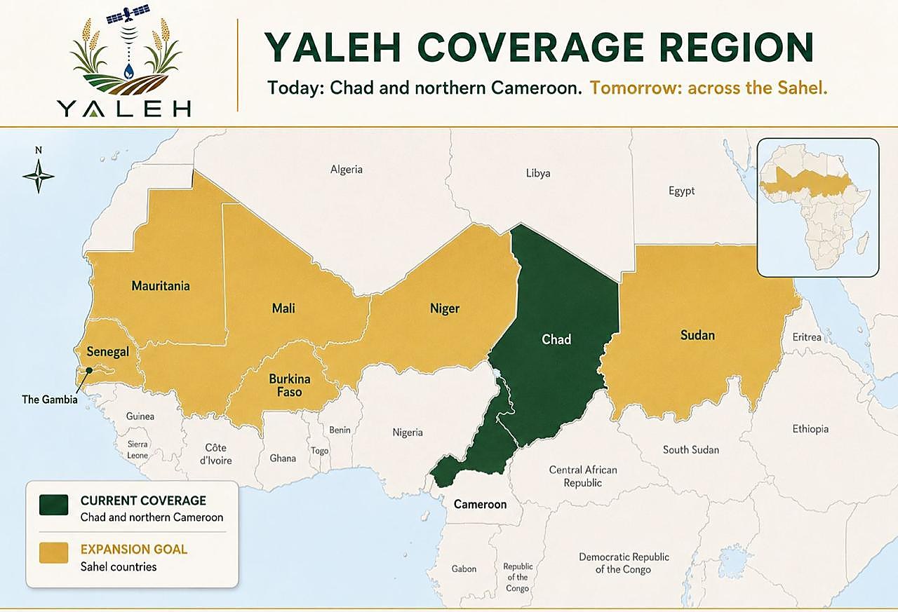 Yaleh coverage map showing Chad and northern Cameroon as current coverage and Sahel countries as the expansion goal