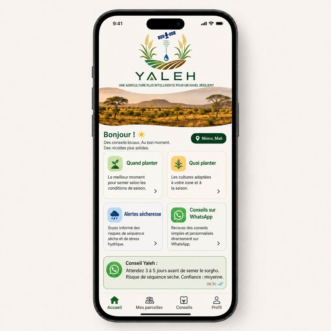 Interface mobile Yaleh en français montrant des conseils de semis et des alertes de sécheresse